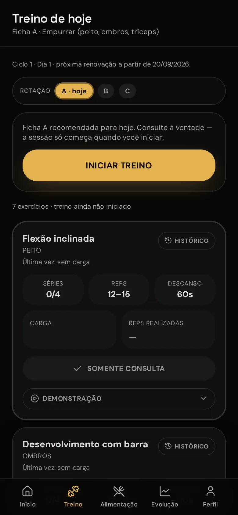 Captura real da tela de treino do app AB Evolution: rotação de fichas, séries, repetições e descanso